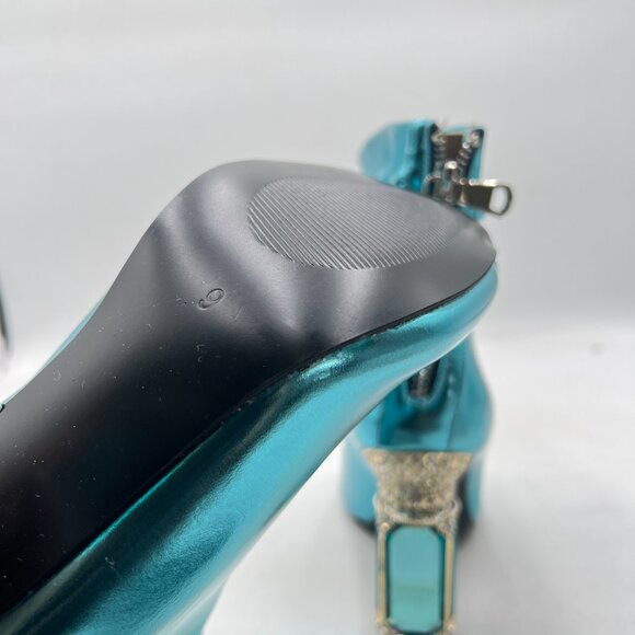 FSJ Turquoise Peep Toe Slouch Ankle Boots Chunky Stacked Heels Party Prom Shoes - Picture 6 of 8